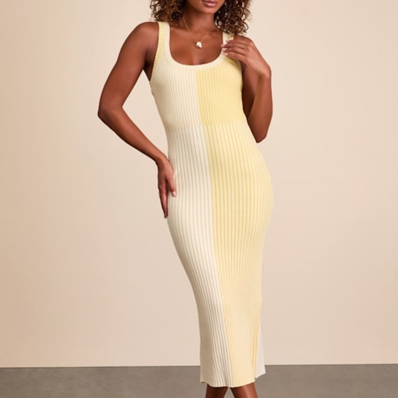 Lulus Radiant Personality Yellow Color Block Ribbed Knit Midi Dress - Size S - Picture 1 of 4